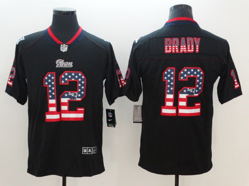 Men New England Patriots 12 Brady Nike USA Flag Fashion Black Color Rush Limited NFL Jerseys